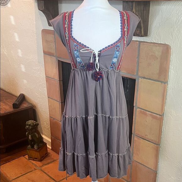 Free People Boho Embroidered Pom-Pom Tiered Mini Dress, size S - Picture 1 of 8
